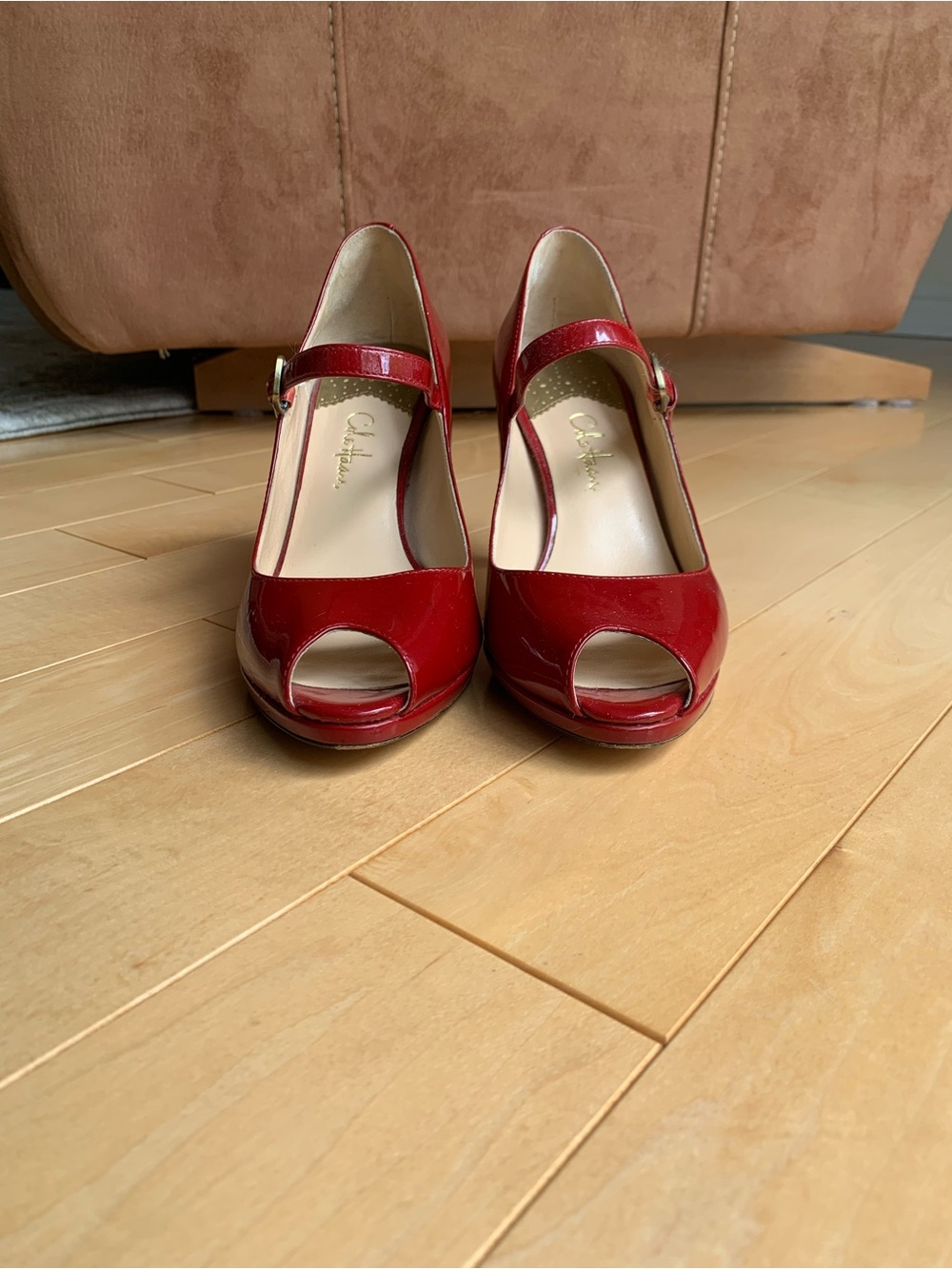 Red Patent Peep-Toe Mary Jane Heels - Women Shoes